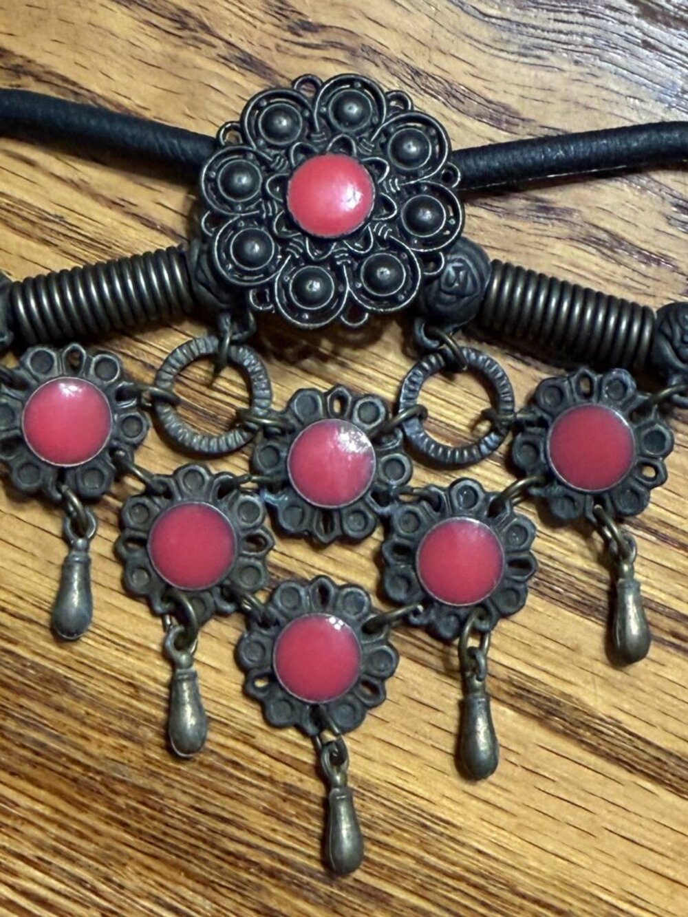 Vintage Faux Leather Hair Barrette Inspired Tibetan Look (No Stick) Black & Pink